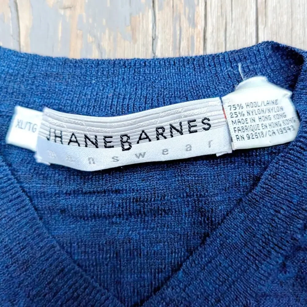 Vintage Jhane Barnes Mens XL V-Neck Sweater Navy Blue Heather 75% Wool Blend